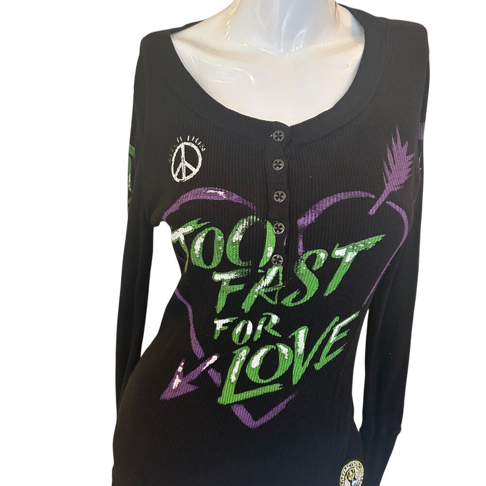 New Affliction Womens Thermal Henley Black M Peace Heart Long Sleeve